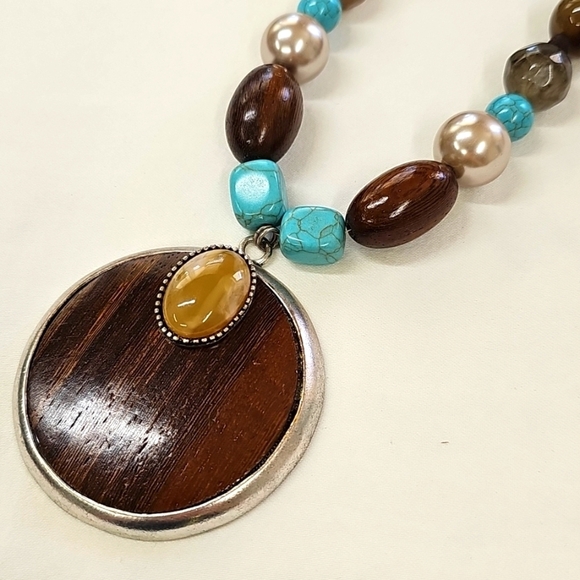 CHICO'S Beaded Turquoise Brown Necklace Silver Accents & Wood Pendant - Picture 3 of 5